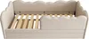 A beige upholstered daybed with a wooden slat mattress support is shown from a side angle. Podgląd zdjęcia produktu