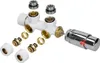 A disassembled radiator connection set with a thermostat head, shown against a white background. Produktbild-Vorschau