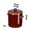 A brown ceramic pot with a lid, shown from the front with dimensions indicated by text overlays. Voir les images du produit