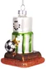 A glass Christmas ornament shaped like a s'more snowman with a soccer ball. Podgląd zdjęcia produktu