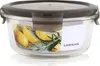 A glass food storage container with a gray lid and a label showing potatoes and rosemary. Náhled obrázku produktu