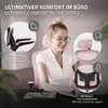 A woman is sitting at a desk using a pink ergonomic office chair, with close-up insets highlighting features of the chair. Produktbild-Vorschau