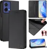 Collage of images showing a black leather flip wallet case for a Motorola Moto G85 phone, with close-ups of its features and a phone inside. Produktbild-Vorschau