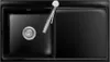 A top-down view of a black kitchen sink with a silver faucet sprayer. Produktbild-Vorschau