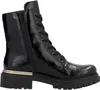 A black patent leather lace-up boot with a gold accent on the heel, shown from the side against a white background. Náhled obrázku produktu