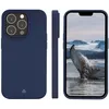 A dark blue iPhone case is shown from the back, side, and front with the phone screen displaying a whale's tail. Produktbild-Vorschau
