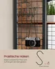 A close-up of a shelf unit with hooks and a camera hanging from it, with marketing text and an illustration of an S-hook below. Produktbild-Vorschau
