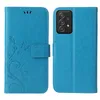 A blue flip cover phone case for a Samsung Galaxy A52 series phone is shown open, displaying both the inside and outside of the case. Produktbild-Vorschau