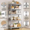 A metal shelving unit filled with kitchen items and food products, with close-up insets highlighting product features. Produktbild-Vorschau