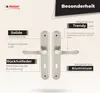 A product image showcasing door handles with descriptive text highlighting features and benefits. Produktbild-Vorschau