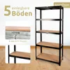 A black metal shelving unit with wooden shelves, shown with close-up details of the shelves and branding. Produktbild-Vorschau