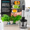 A promotional image for an Arendo immersion blender, showcasing its versatility with images of soup, pesto, egg yolks, and herbs. The blender itself is prominently displayed. Anteprima dell’immagine prodotto