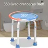 A shower stool in a bathroom setting, with arrows indicating 360-degree rotation. Produktbild-Vorschau