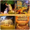 Collage of four scenes showing string lights used for decoration in various settings: a wedding, an outdoor movie night, a wedding arch, and a bedroom. Produktbild-Vorschau