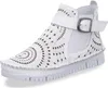 A white leather ankle boot with intricate cut-out details and a buckle strap. Anteprima dell’immagine prodotto