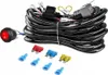 A wiring harness kit for automotive lights, including a switch, relay, fuses, and connectors, laid out on a white background. Produktbild-Vorschau
