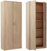 A two-part image showing a closed and an open wooden cabinet with shelves. Náhled obrázku produktu