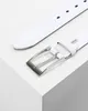 A white leather belt with a silver buckle is displayed on a white surface. Produktbild-Vorschau