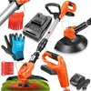 A collection of gardening tools, including a cordless grass trimmer, battery, charger, and gloves, arranged on a white background.