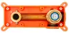 A top-down view of an orange plastic housing with brass plumbing components inside. Náhľad obrázku produktu