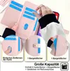 A collage of images showcasing a pink phone case with card slots and a wallet feature, with hands interacting with the product. Produktbild-Vorschau