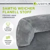 Close-up of a gray dog bed with text overlays highlighting its features. Produktbild-Vorschau