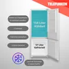 A refrigerator with its door open, showcasing its interior compartments and features with overlaid text and graphics. Produktbild-Vorschau