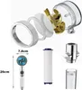 A collage of images showing a disassembled shower head, a complete shower head with dimensions, a filter cartridge, a valve, and a glass. Produktbild-Vorschau