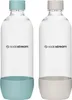 Two SodaStream bottles, one with a blue base and cap, the other with a beige base and cap, are shown against a white background. Produktbild-Vorschau