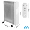 A white oil radiator with a remote control and dimensions shown. Produktbild-Vorschau