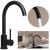 A collage of images showing a black kitchen faucet from different angles, including a close-up of water flowing and a hand interacting with it. Produktbild-Vorschau