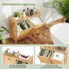A collage of images showing a bamboo laundry sorter with two compartments, one with clothes and the other empty, and a top shelf with bathroom accessories. Another image shows a close-up of the top shelf and the two compartments with labels. Podgląd zdjęcia produktu