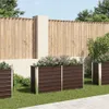 Three brown garden raised beds with silver trim are placed on a green lawn in front of a wooden fence. Produktbild-Vorschau