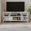 A white TV stand with a television and various items on its shelves. Produktbild-Vorschau