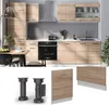 A modern kitchen setup with wooden cabinets and appliances, accompanied by product detail images of kitchen legs and cabinet front panels. Anteprima dell’immagine prodotto
