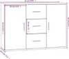 A line drawing diagram of a white sideboard with dimensions indicated. Voir les images du produit
