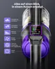 Close-up of a cordless vacuum cleaner with a digital display and feature callouts. Produktbild-Vorschau