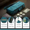 A teal colored wallet case for a phone is displayed on a dark surface, with coins, a key, and US currency scattered around it. Several circular insets highlight specific features of the case. Produktbild-Vorschau