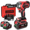A red and black cordless impact wrench kit with two batteries, a carrying case, and various sockets and accessories, displayed on a white background. Produktbild-Vorschau