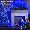 A Christmas tree and fireplace decorated with blue LED string lights, with text overlay explaining timer functions. Produktbild-Vorschau
