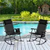 Two black rocking chairs are placed on a wooden deck next to a swimming pool. Produktbild-Vorschau