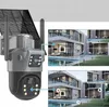 A solar-powered outdoor security camera is shown next to a modern house with a swimming pool, illustrating its surveillance capabilities. Náhľad obrázku produktu