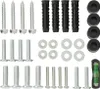 A collection of hardware components, including screws, wall plugs, washers, and a spirit level, laid out on a white background. Podgląd zdjęcia produktu