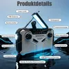 A portable emergency radio with various features highlighted by labels. Produktbild-Vorschau