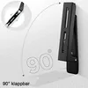 A black microwave wall mount bracket is shown attached to a textured wall. A dotted arc indicates a 90-degree fold, and the text '90° klappbar' is present. Produktbild-Vorschau