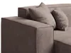 A close-up view of the corner of a brown fabric sofa with two pillows. Produktbild-Vorschau