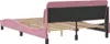 A pink upholstered bed frame with a headboard and wooden slats, shown from a rear-side angle against a white background. Produktbild-Vorschau