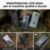 Three rugged smartphones are displayed on a rocky, natural surface, with additional images below showing the phones in different environments (water, dirt, and rock). Produktbild-Vorschau
