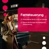 A woman is looking at her phone next to a car at night, with a pink overlay box containing marketing text. Produktbild-Vorschau