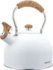 A white kettle with a wood-grain handle and lid knob, shown from a diagonal angle against a white background. Podgląd zdjęcia produktu